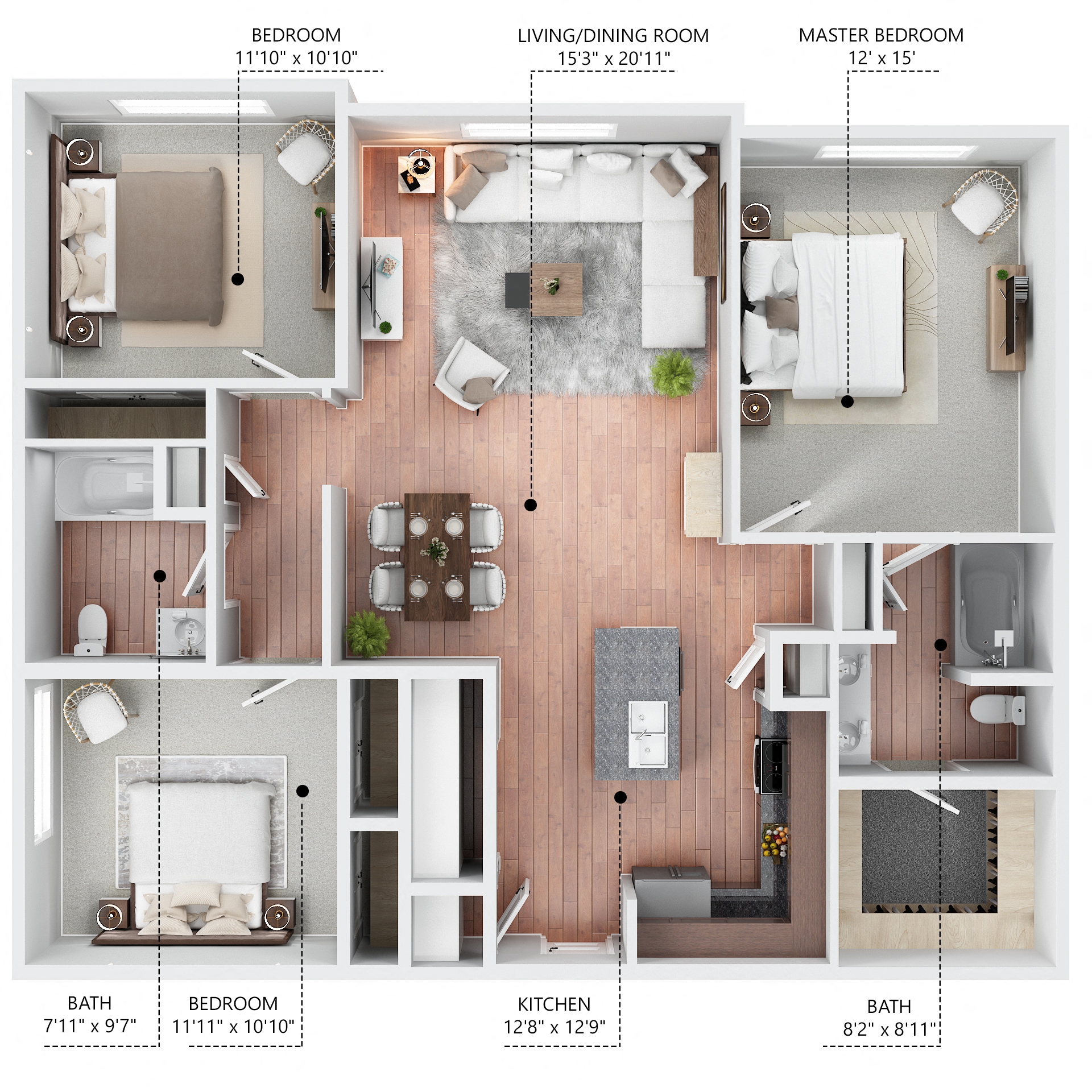 Floor plan for 3 beds, 2 baths, 1320 sqft